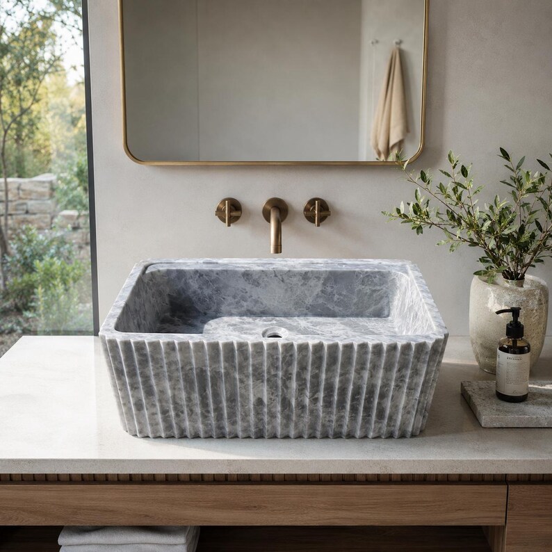 Luxury Handcrafted Tundra Gray Marble Wall Mounted Fluted Sink
Natural Stone Bathroom Vanity Basin by MarbleSinkCo, Gray  marble sink - countertop sink - vanity sink - farmhouse sink - vessel sink - splashback sink - bathroom sink - wall-mounted marble sink - wall-mounted sink - kitchen sink - console pedestal marble sink - cabinet top sink - marble sink with wooden drawers - square