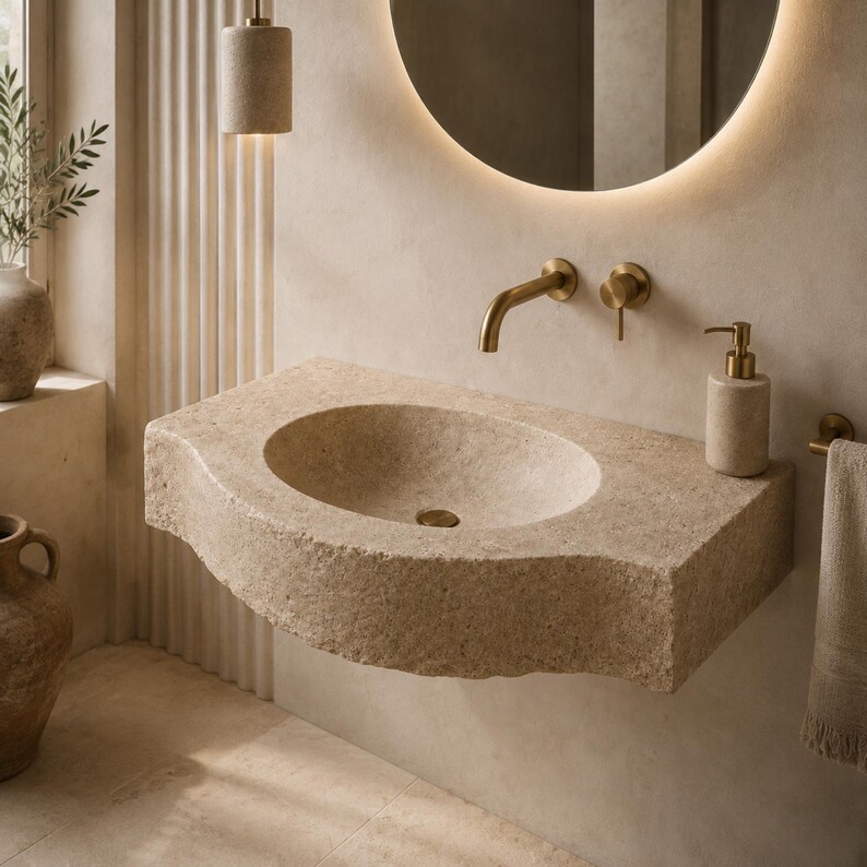 AI-assisted bathroom visualization showing the travertine sink floating on a wall with concealed supports