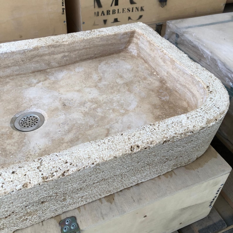 Hand-Carved Travertine Sink - 65x40x10 cm (25.6x15.7x3.9 inç) - Farmhouse & Rustic Bathroom Sink - Countertop/Wall Mounted