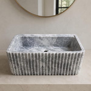 Luxury Handcrafted Tundra Gray Marble Wall Mounted Fluted Sink
Natural Stone Bathroom Vanity Basin by MarbleSinkCo, Gray  marble sink - countertop sink - vanity sink - farmhouse sink - vessel sink - splashback sink - bathroom sink - wall-mounted marble sink - wall-mounted sink - kitchen sink - console pedestal marble sink - cabinet top sink - marble sink with wooden drawers - square