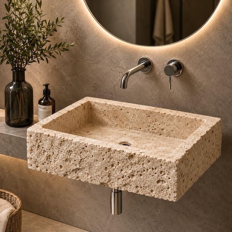 Luxury handcrafted natural travertine wall mounted bathroom sink installed in a premium modern bathroom with chrome fixtures.