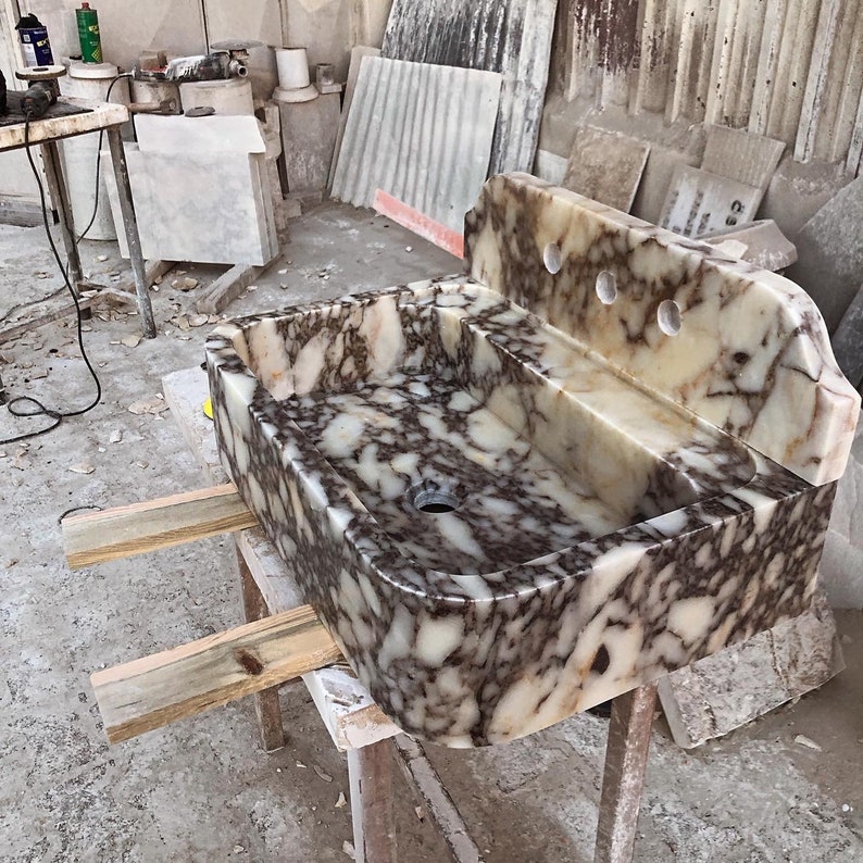 Calacatta Viola Marble Sink, Floating Sink With Backsplash, Marble Sink Vanity, Wall Mounted Sink,  Powder Room Sink,  Sink Top