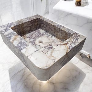 Calacatta Marble Sink – Hand-Carved Rectangular Vanity – Floating or Countertop Installation – Luxury Bathroom Centerpiece