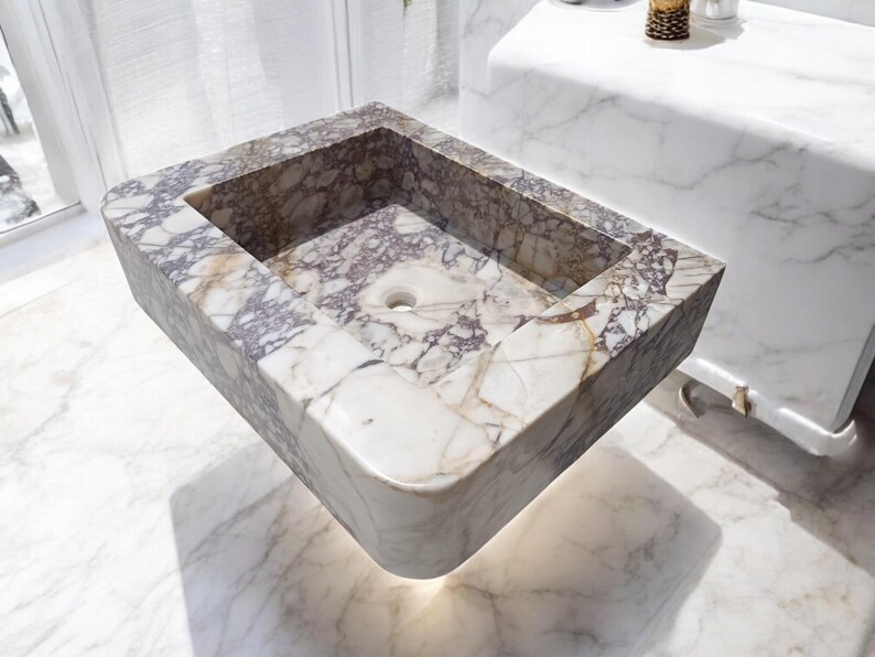 Calacatta Marble Sink – Hand-Carved Rectangular Vanity – Floating or Countertop Installation – Luxury Bathroom Centerpiece