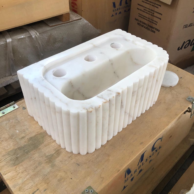 Handmade Fluted Calacatta Gold Marble Sink - Glossy White, Wall-Mounted or Countertop Bathroom Vanity, 35x22x15cm (13.8x8.7x5.9in)