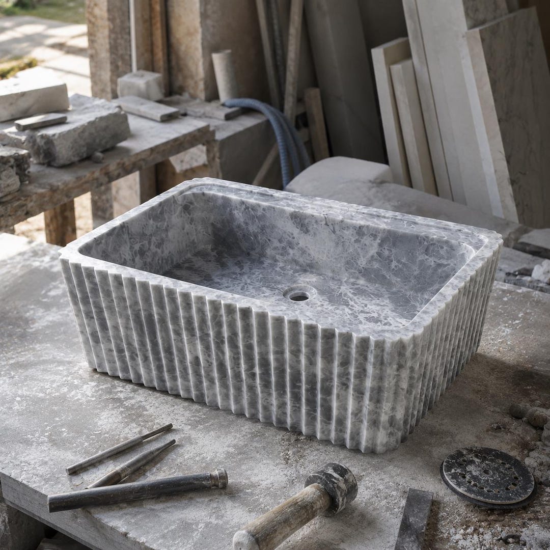 Luxury Handcrafted Tundra Gray Marble Wall Mounted Fluted Sink, Natural Stone Bathroom Vanity Basin