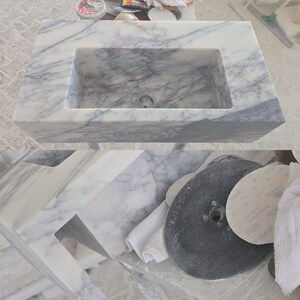 Custom White Marble Floating Sink with Gray Black Veins, Wall Mounted or Countertop Basin, Natural Stone Rectangle Bathroom Vanity