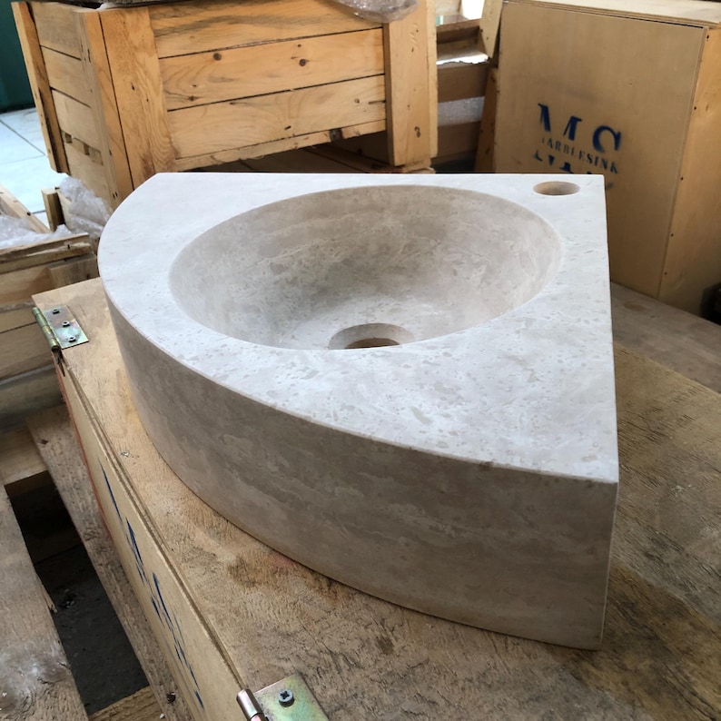 Travertine Corner Sink - Stone Marble Sink Bathroom Vanity, Travertine Corner Bathroom Sink - Bathroom Vanity