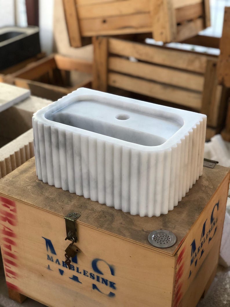 Handmade Glossy White Carrara Marble Sink, Fluted Front, Wall-Mounted or Countertop Vanity, 35x22x15cm Ideal for Bathroom, Office, Farmhouse