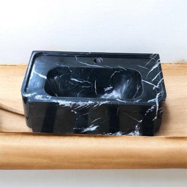 Handmade Black Nero Marquina Marble Wall Mounted Bathroom Sink Floating Luxury Natural Stone Wash Basin