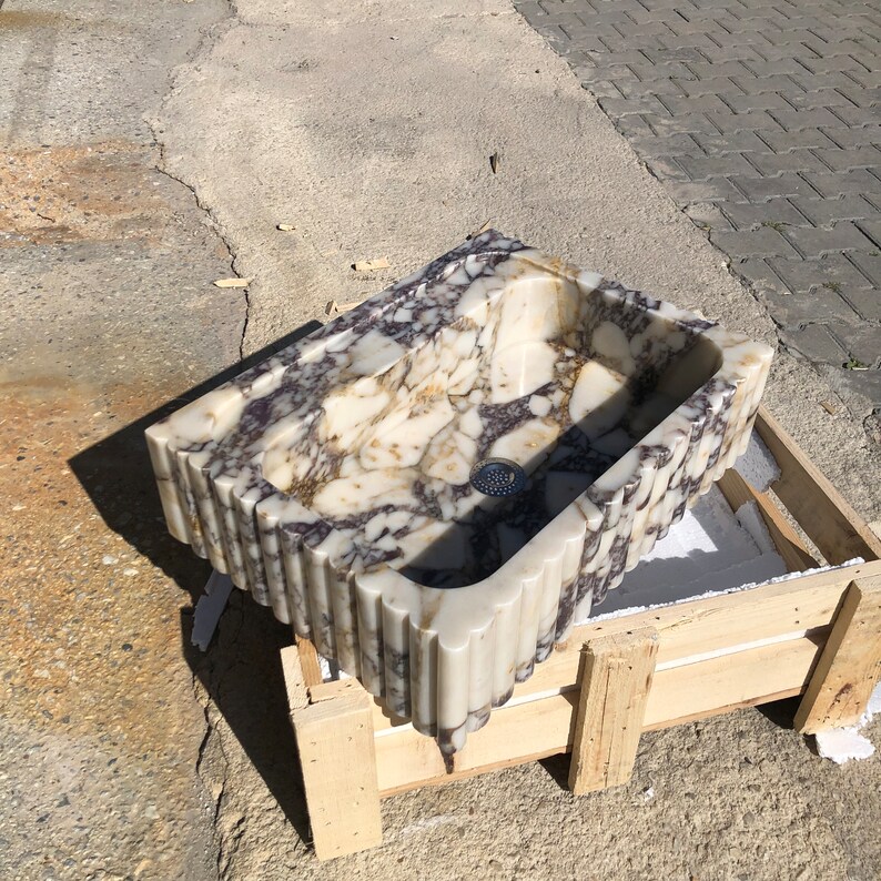 Natural Stone Vessel Bathroom Sink, Chiseled Calacatta Marble Sink, Stone Floating Bathroom Sink, Square Marble Vanity Fluted Vanity Basin