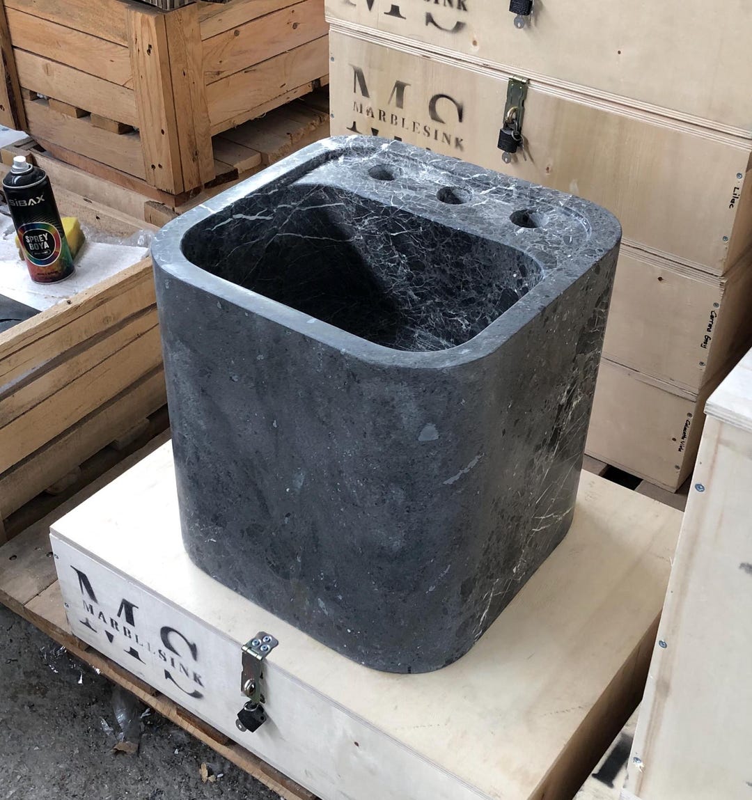 Handcrafted Tundra Gray Marble Vessel Sink: 14" Square, 3-Hole