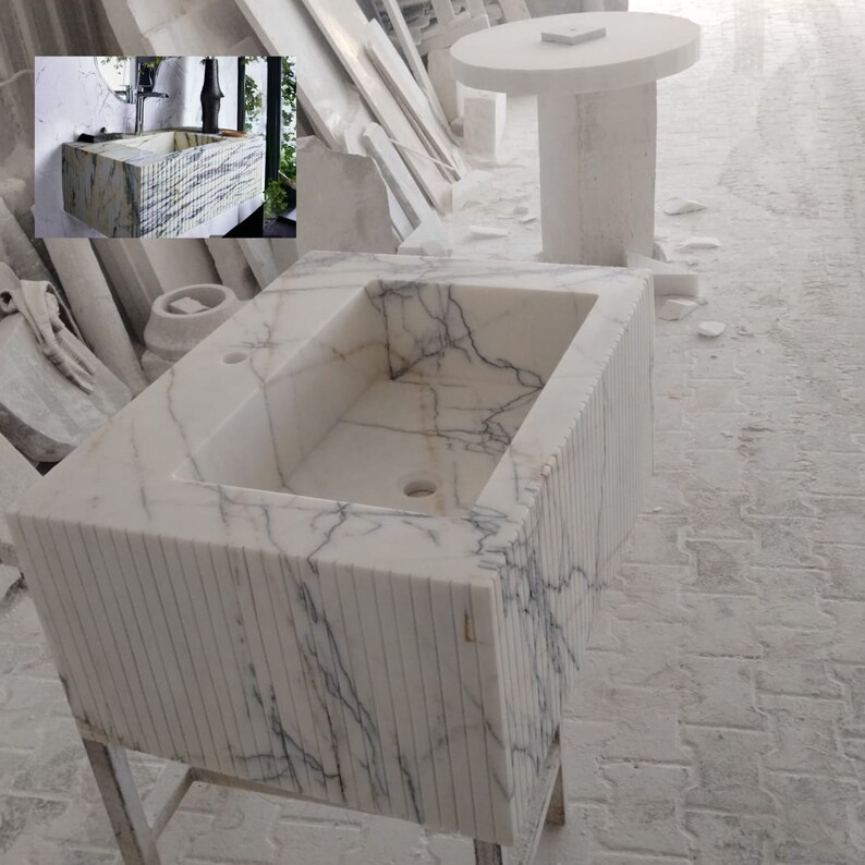 Light Veined White Marble Sink Marble Bathroom Sink Wall Mounted Marble Sink Marble Vanity Top Carrara Sink Powder Room Sink Custom Vanity
