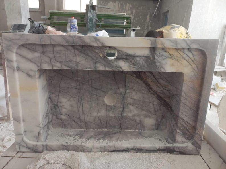 Carrara Marble Sink with Backsplash - Wall Mounted Marble Bathroom Sink, Marble Vanity Top, White Marble Powder Room Sink - Custom Vanity