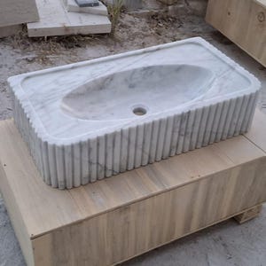 Carrara Marble Wall Mount Sink – Handmade Fluted Vanity Basin – Custom Floating Stone Sink – Modern Bathroom Vessel