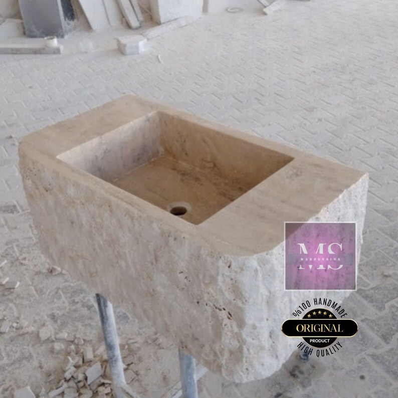 Travertine Rough Chiseled Sink Wall Mount Travertine Sink Marble Bathroom Sink Powder Room Sink Custom Wall Mount Sink with Rough Apron Sink