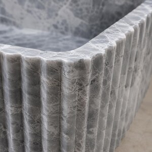 Luxury Handcrafted Tundra Gray Marble Wall Mounted Fluted Sink
Natural Stone Bathroom Vanity Basin by MarbleSinkCo, Gray  marble sink - countertop sink - vanity sink - farmhouse sink - vessel sink - splashback sink - bathroom sink - wall-mounted marble sink - wall-mounted sink - kitchen sink - console pedestal marble sink - cabinet top sink - marble sink with wooden drawers - square