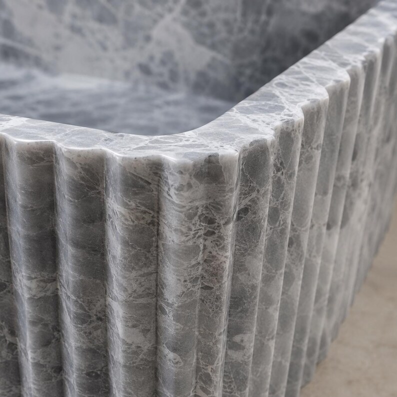 Luxury Handcrafted Tundra Gray Marble Wall Mounted Fluted Sink
Natural Stone Bathroom Vanity Basin by MarbleSinkCo, Gray  marble sink - countertop sink - vanity sink - farmhouse sink - vessel sink - splashback sink - bathroom sink - wall-mounted marble sink - wall-mounted sink - kitchen sink - console pedestal marble sink - cabinet top sink - marble sink with wooden drawers - square