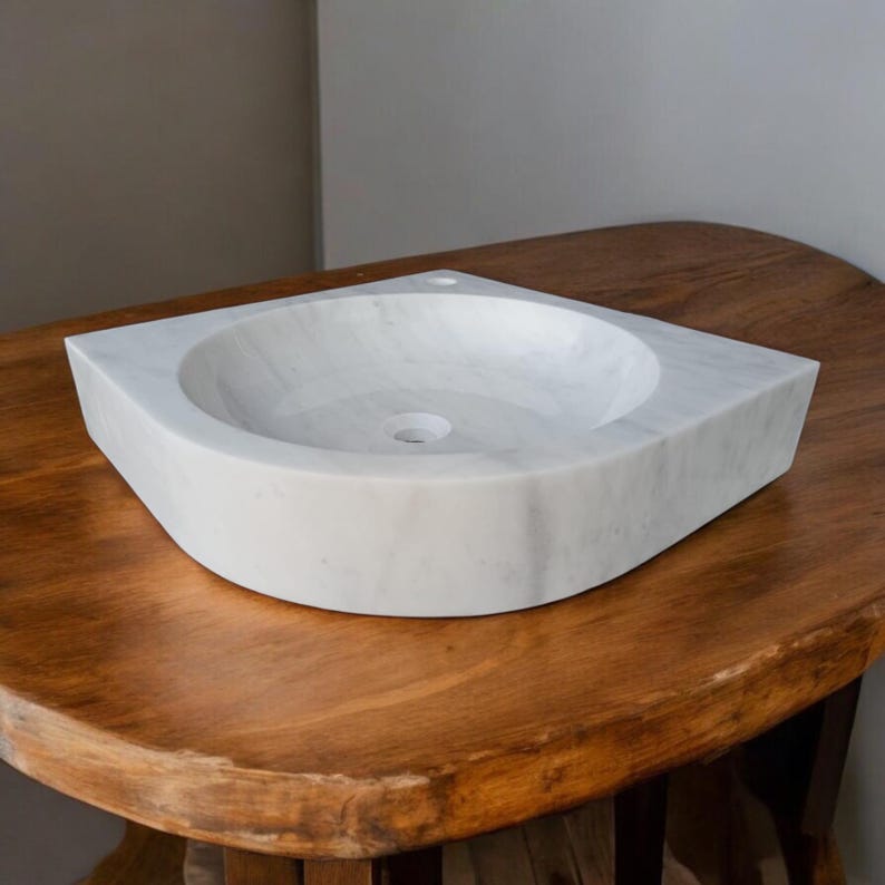 Carrara Marble Corner Sink - Handcrafted Stone Bathroom Sink, Wall Mount or Countertop Vessel Sink, Modern Marble Vanity Basin