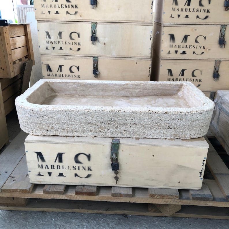 Hand-Carved Travertine Sink - 65x40x10 cm (25.6x15.7x3.9 inç) - Farmhouse & Rustic Bathroom Sink - Countertop/Wall Mounted