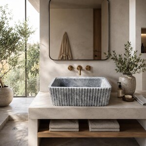 Luxury Handcrafted Tundra Gray Marble Wall Mounted Fluted Sink
Natural Stone Bathroom Vanity Basin by MarbleSinkCo, Gray  marble sink - countertop sink - vanity sink - farmhouse sink - vessel sink - splashback sink - bathroom sink - wall-mounted marble sink - wall-mounted sink - kitchen sink - console pedestal marble sink - cabinet top sink - marble sink with wooden drawers - square
