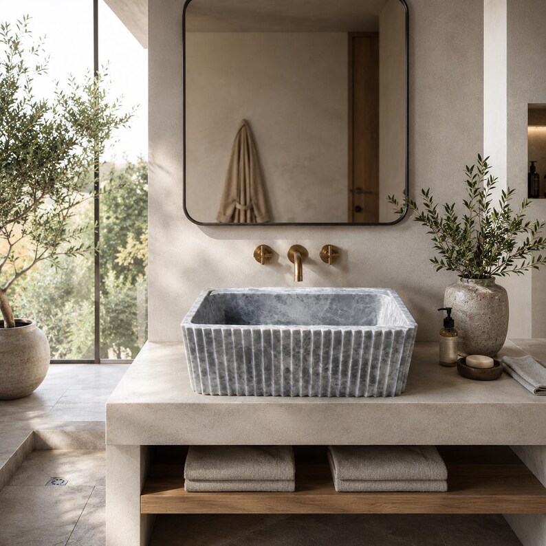 Luxury Handcrafted Tundra Gray Marble Wall Mounted Fluted Sink
Natural Stone Bathroom Vanity Basin by MarbleSinkCo, Gray  marble sink - countertop sink - vanity sink - farmhouse sink - vessel sink - splashback sink - bathroom sink - wall-mounted marble sink - wall-mounted sink - kitchen sink - console pedestal marble sink - cabinet top sink - marble sink with wooden drawers - square