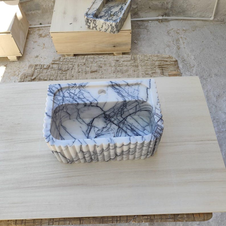 Natural Stone Vessel Bathroom Sink, Chiseled Ojinaga Marble, Vanity Sink