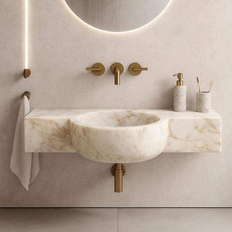 Solid Calacatta Carved Sink - 30.75" Customizable Luxury Stone Basin - Handmade Marble Vanity