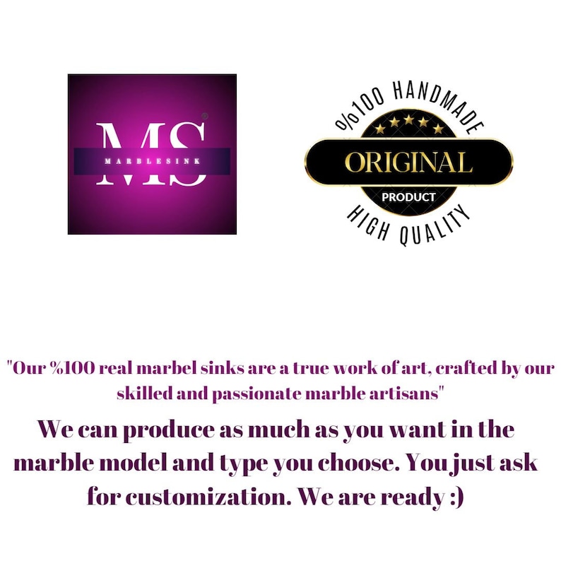 May include: A purple square logo with the letters "MC" in white and the text "MARBLESINK" in white below. A black and gold circular logo with the text "100% HANDMADE ORIGINAL PRODUCT HIGH QUALITY" in white. The logo has five gold stars.