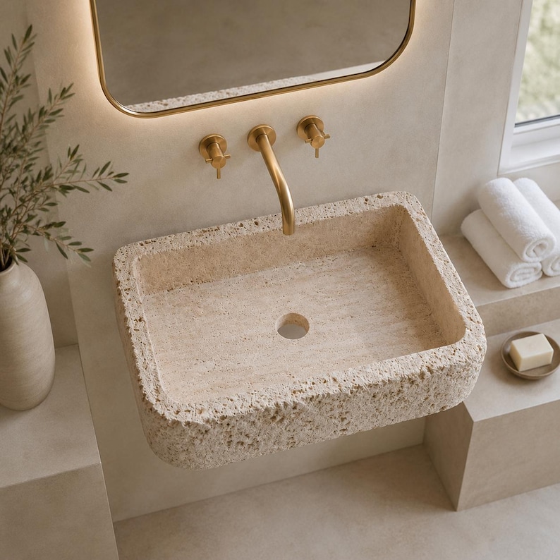 #travertinesink #wallmountedsink #floatingsink #stonevanity #bathroomsink #naturalstonesink #handcarvedsink #rusticbathroom #luxurybathroom #travertinebasin #powderroomsink #vesselsink #interiordesign #bathroomdesign #architecture #naturalstone #boutiquehotel #villadesign #mediterraneanbathroom