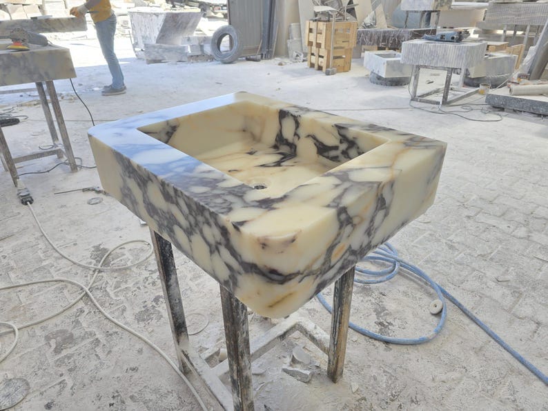 Handmade Calacatta Viola Marble Sink – Custom Wall Mount or Countertop Vanity Basin – Solid Stone Bathroom Sink, Unique Italian Marble Washbasin