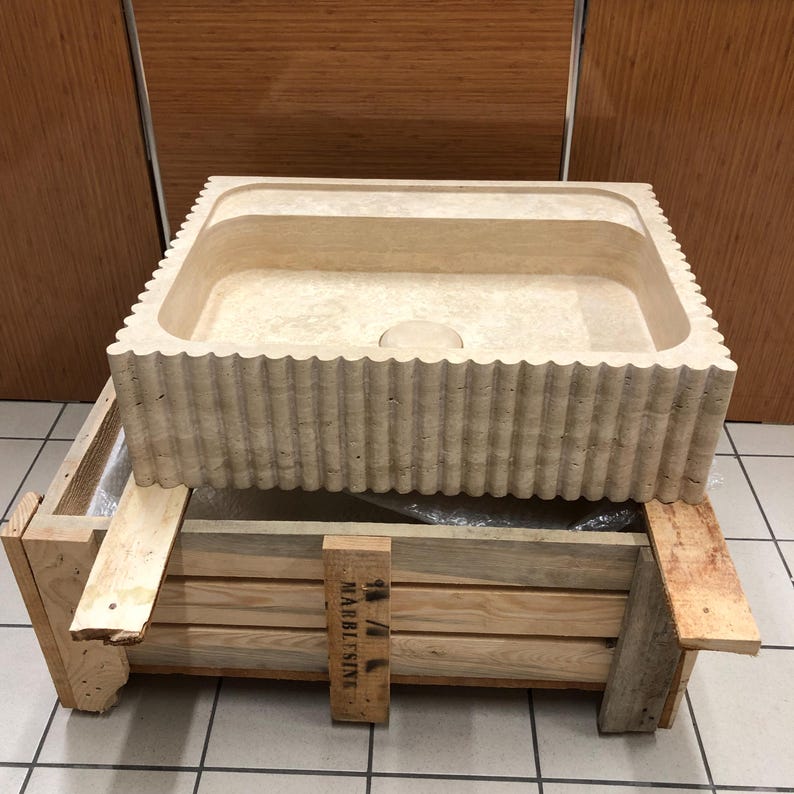 Stone Sink, Wall Mount , Marble Sink, Marble Washbasin, Natural Stone Sink, Powder Room Sink, White Marble , Ribbed Front Sink, Travertine
