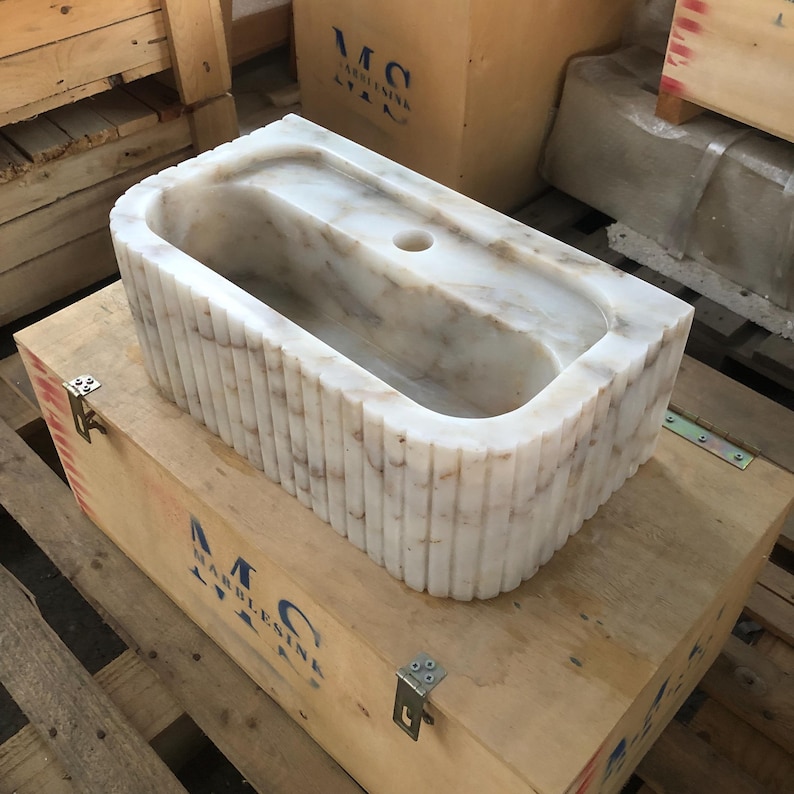 Ready-to-Ship Elegant Calacatta Marble Bathroom Sink – Wall-Mounted or Vanity Top