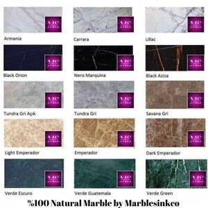 May include: A collage of 12 different marble slabs, each with a unique pattern and color. The slabs are labeled with their names, including Black Orion, Tundra Gri A&ccedil;ık, Light Emperador, Verde Escuro, Carrara, Nero Marquina, Tundra Gri, Emperador, Verde Guatemala, Lillac, Black Aziza, Savana Gri, Dark Emperador, and Verde Green. The image also includes the text "%100 Natural Marble by Marblesinkco".