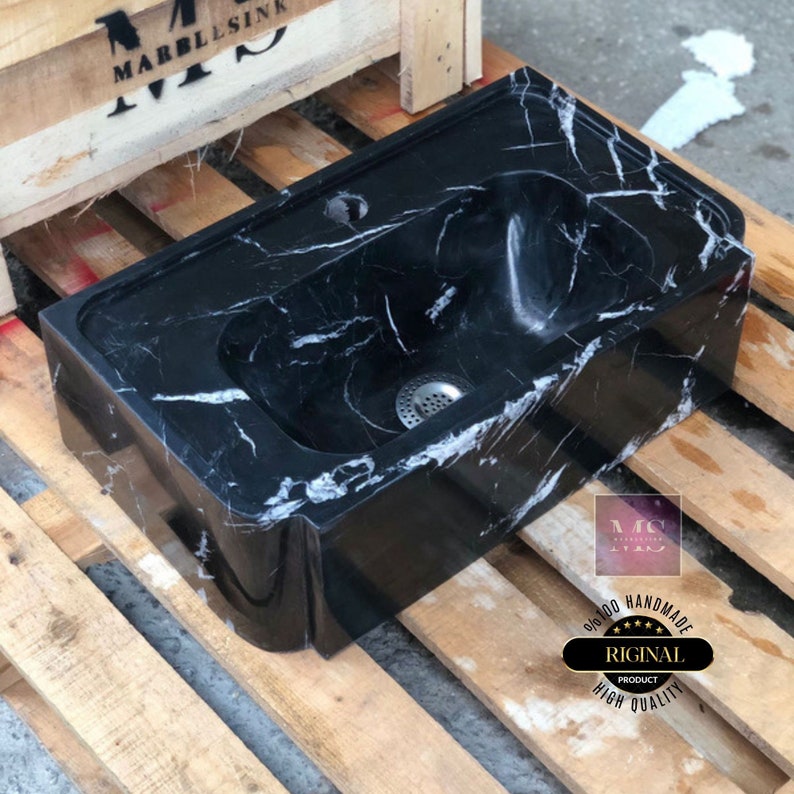 Handmade Black Nero Marquina Marble Wall Mounted Bathroom Sink Floating Luxury Natural Stone Wash Basin
