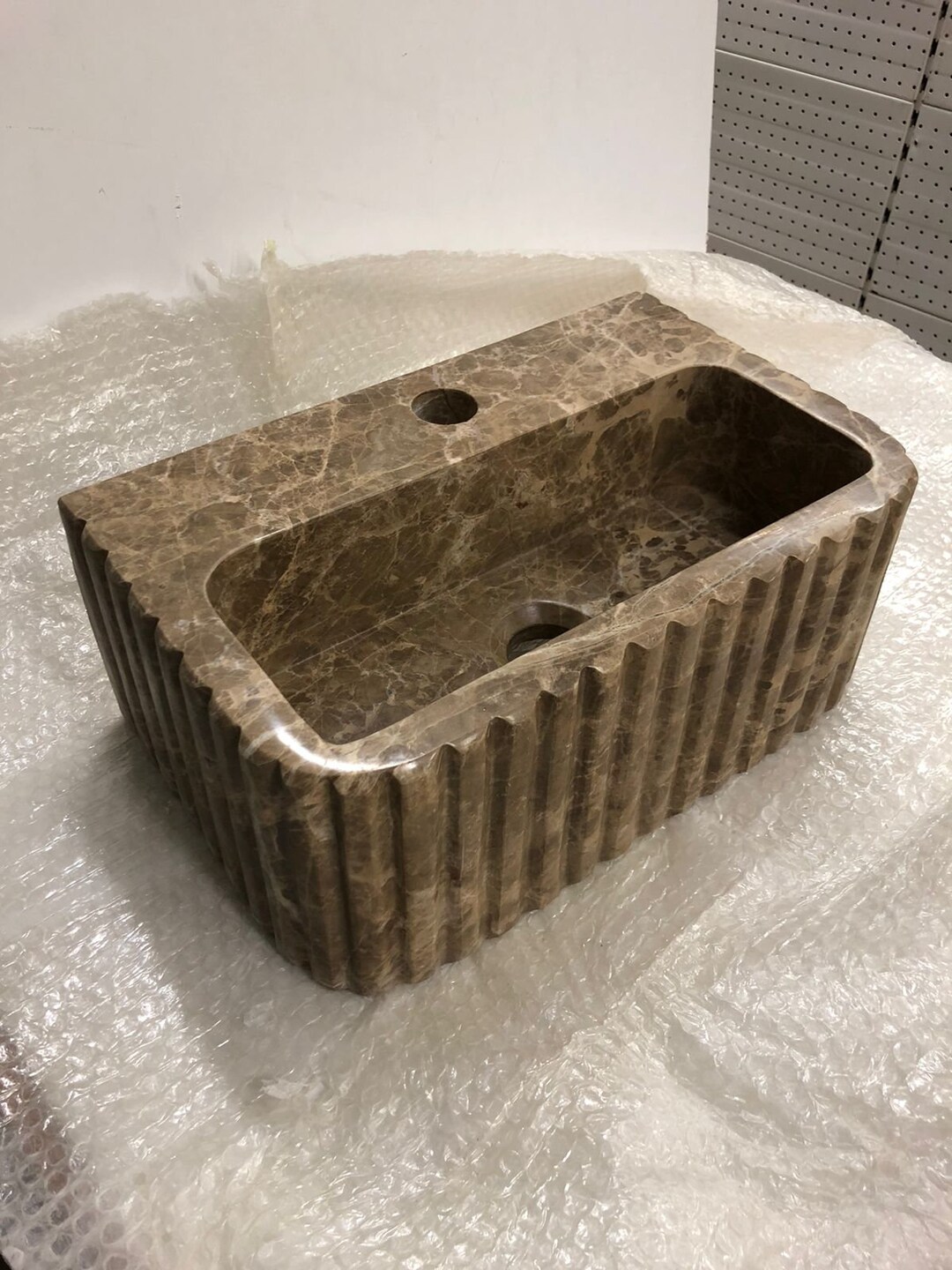 Hand-Carved Reeded Emperador Marble Sink: Customizable Bathroom Vanity