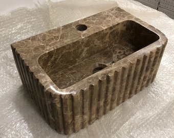 Hand-Carved Reeded Emperador Marble Sink: Customizable Bathroom Vanity by MarbleSinkCo