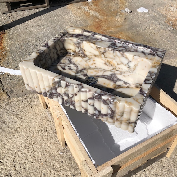 Handcrafted Calacatta Marble Sink: Square Fluted Vanity Basin