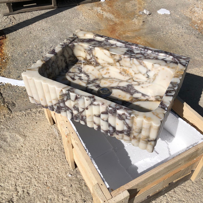 Natural Stone Vessel Bathroom Sink, Chiseled Calacatta Marble Sink, Stone Floating Bathroom Sink, Square Marble Vanity Fluted Vanity Basin