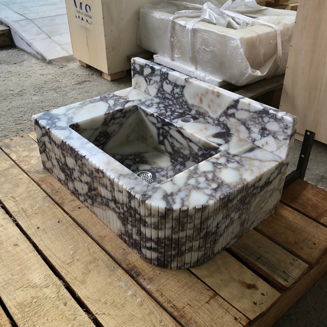 Hand-Carved Calacatta Viola Marble Sink: Fluted Apron, Wall Mount Vanity