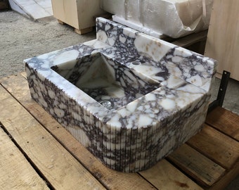 Hand-Carved Calacatta Viola Marble Sink: Fluted Apron, Wall Mount Vanity by MarbleSinkCo