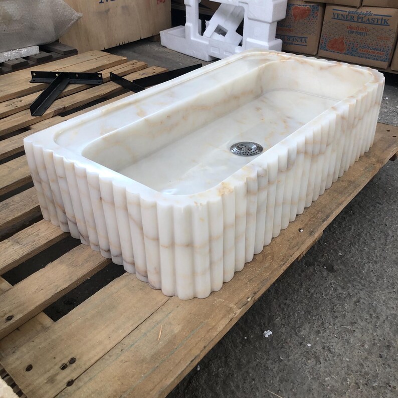 Calacatta Viola Marble Fluted Sink Wall Mount Marble Sink Marble Bathroom Sink Powder Room Sink Custom Vanity Top Natural Stone Marble Sink