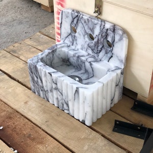lilac marble sink, small marble sink, marble sink with backsplash, bathroom vanity sink, powder room sink, lilac stone basin, handmade marble sink, modern bathroom sink, luxury marble sink, custom marble sink, wall mounted marble sink, three hole marble sink, natural stone sink