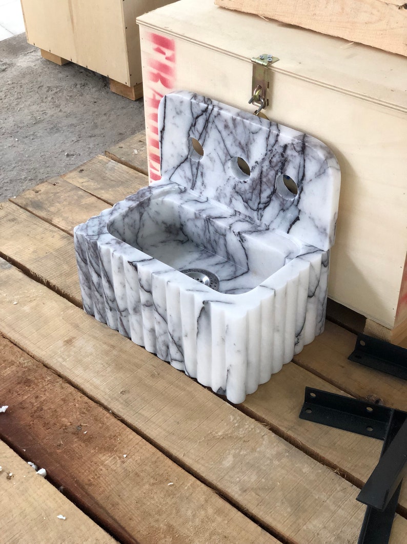 lilac marble sink, small marble sink, marble sink with backsplash, bathroom vanity sink, powder room sink, lilac stone basin, handmade marble sink, modern bathroom sink, luxury marble sink, custom marble sink, wall mounted marble sink, three hole marble sink, natural stone sink