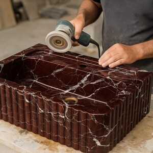 Rosso Levanto Marble Sink – Handmade Red Stone Bathroom Vanity, Wall Mount or Countertop, Custom Size Luxury Sink