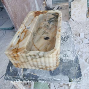 marble bathroom sink, countertop sink, stone bathroom sink, scrubber mounted sink, oval marble sink, custom design sink, white marble sink, natural stone sink, modern marble sink, handmade stone sink, calacatta marble sink, luxury bathroom sink, ribbed sink, Calacatta Macchia Vecchia Marble Sink, Bathroom Vanity