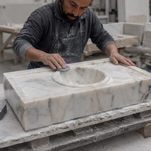Floating marble sink with integrated round basin, thick rectangular body, brushed brass wall mounted faucet and matching exposed drain pipe in a high end bathroom