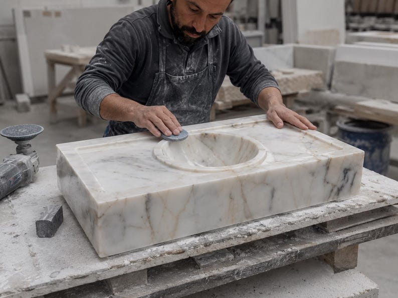 Floating marble sink with integrated round basin, thick rectangular body, brushed brass wall mounted faucet and matching exposed drain pipe in a high end bathroom
