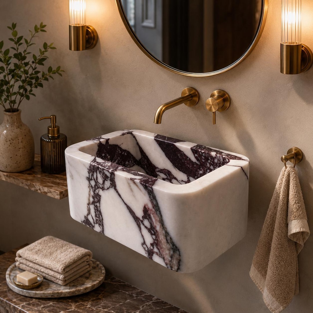 Calacatta Viola Marble Sink, Wall Mount Stone Basin, Luxury Powder Room Vanity