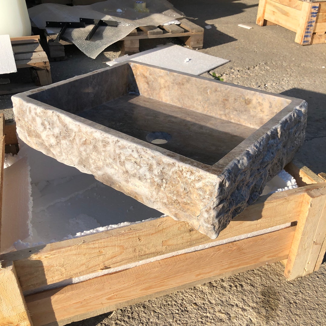Handcrafted Travertine Marble Sink: Rustic Chiseled Design Bathroom Vanity
